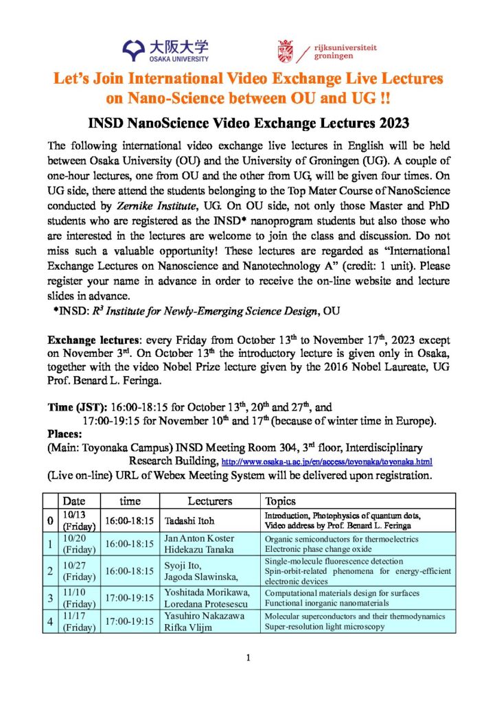 「INSD NanoScience Video Exchange Lectures 2023」が開講されます